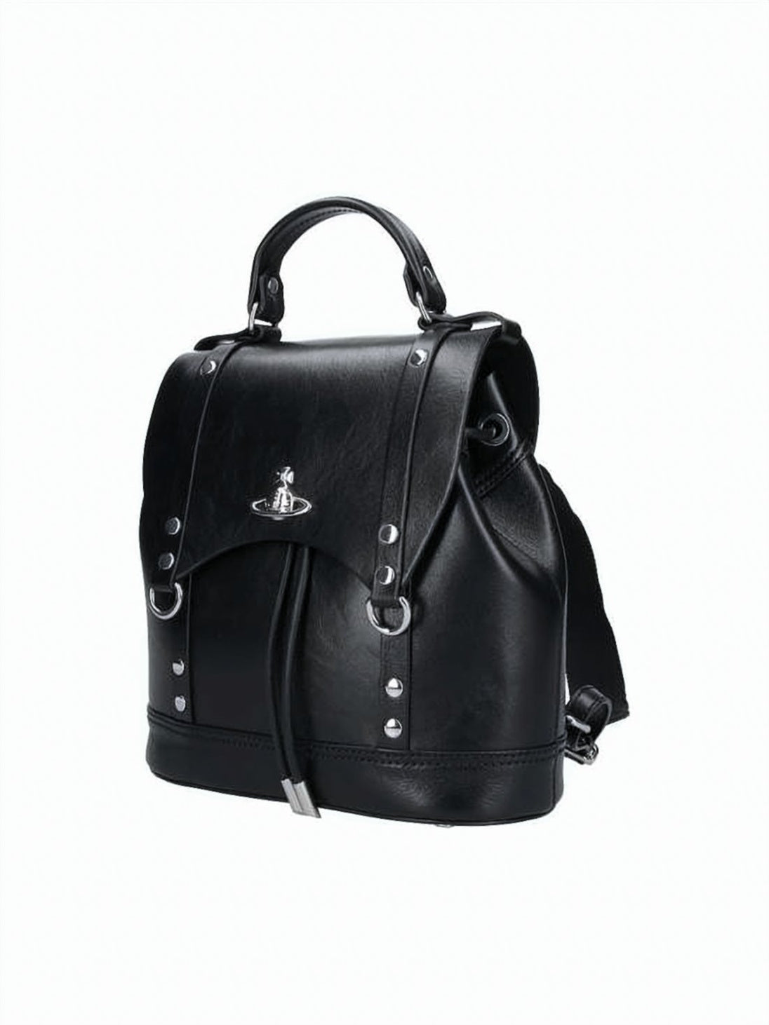 Black Structured Leather Orb Emblem Backpack