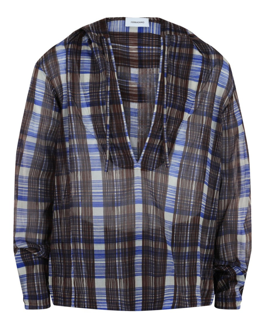 Plaid Print Hooded Shirt With Front Tie And Slit Sides