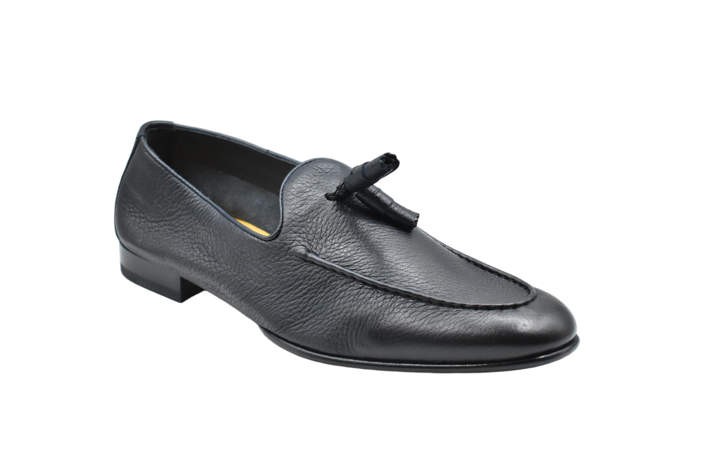 Textured Leather Blue Loafers With Decorative Tassel