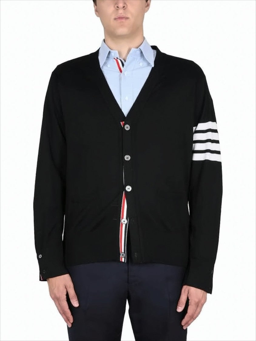 V-Neck Wool Cardigan with Striped Accent Details