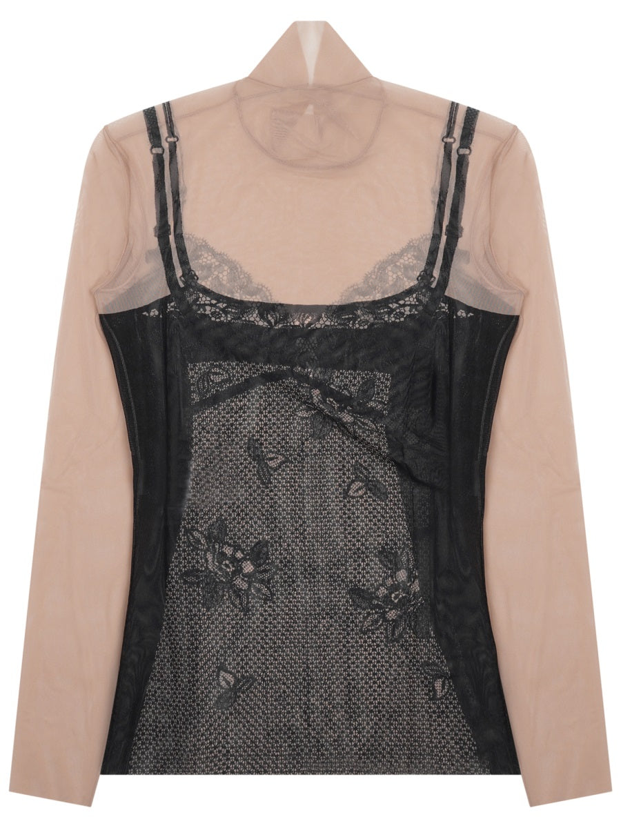 Sheer Long-Sleeve Top With Black Lace Overlay