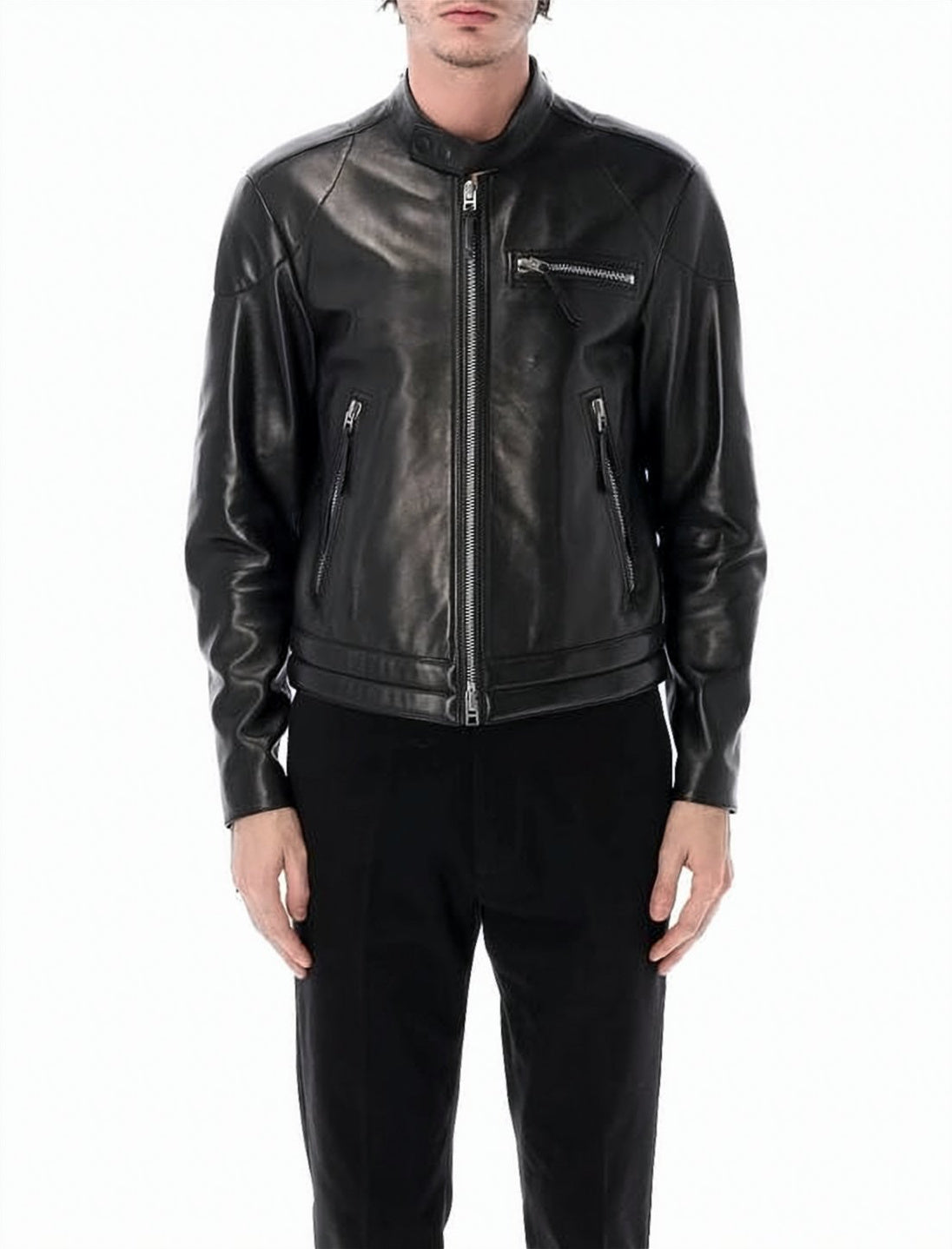 Smooth Lambskin Leather Jacket with Stand Collar