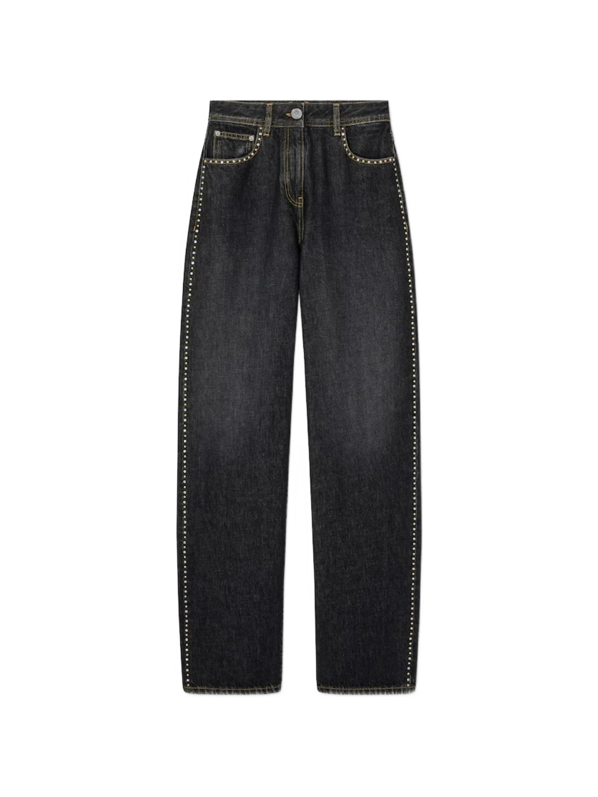 Dark Washed Wide-Leg Studded Denim Jeans