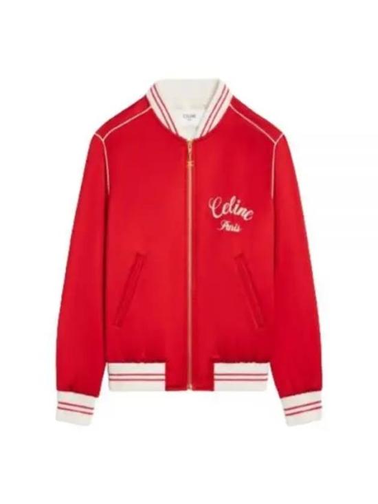 Red Bomber Jacket with Ribbed Cuffs and Embroidered Detail