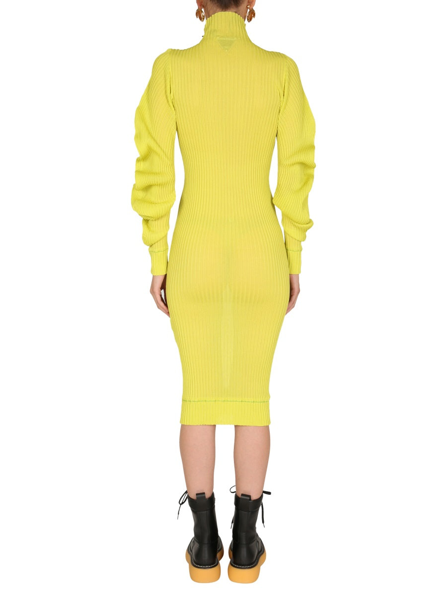 Polo Neck Silk Dress with Ruched Sleeves