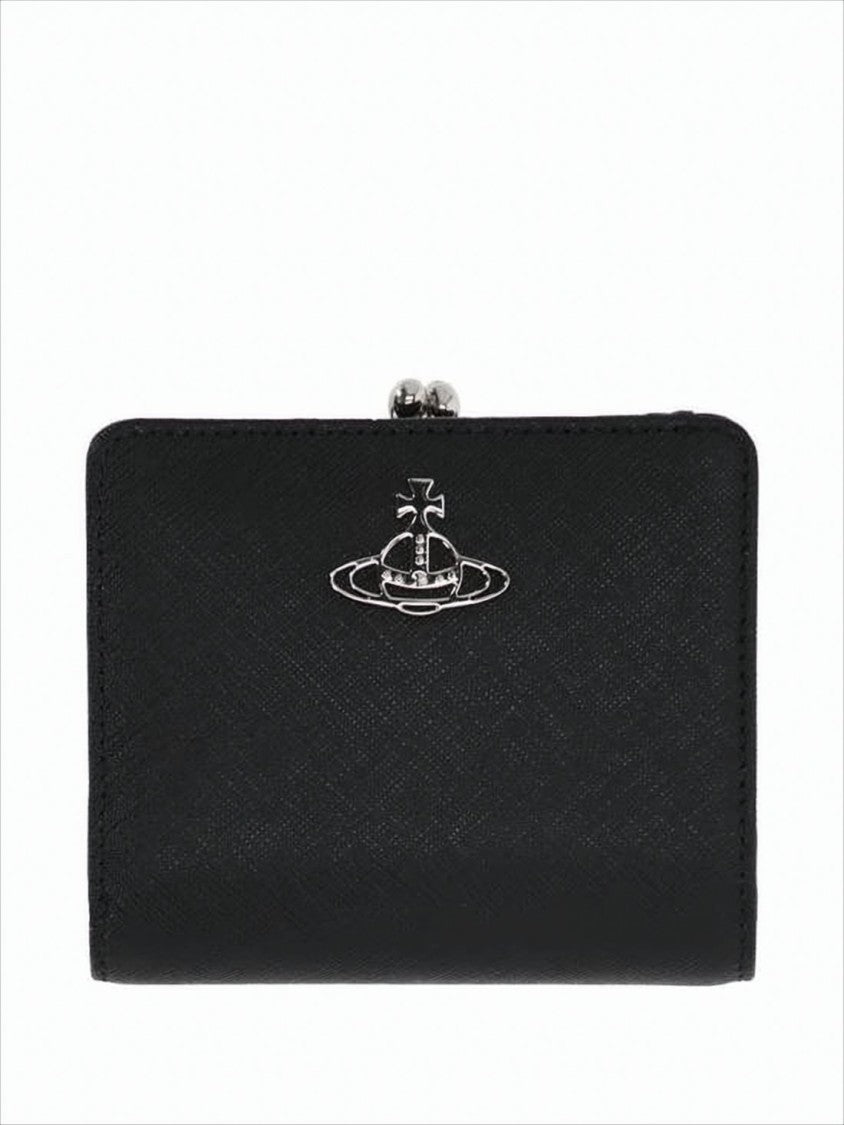 Textured Leather Compact Wallet With Metallic Clasp