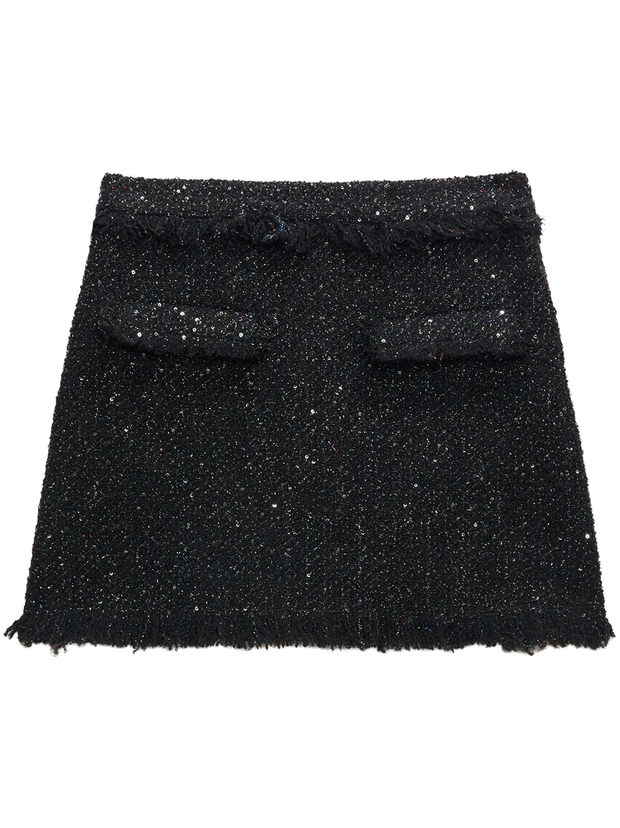 Black Textured Fringed Cotton Mini Skirt
