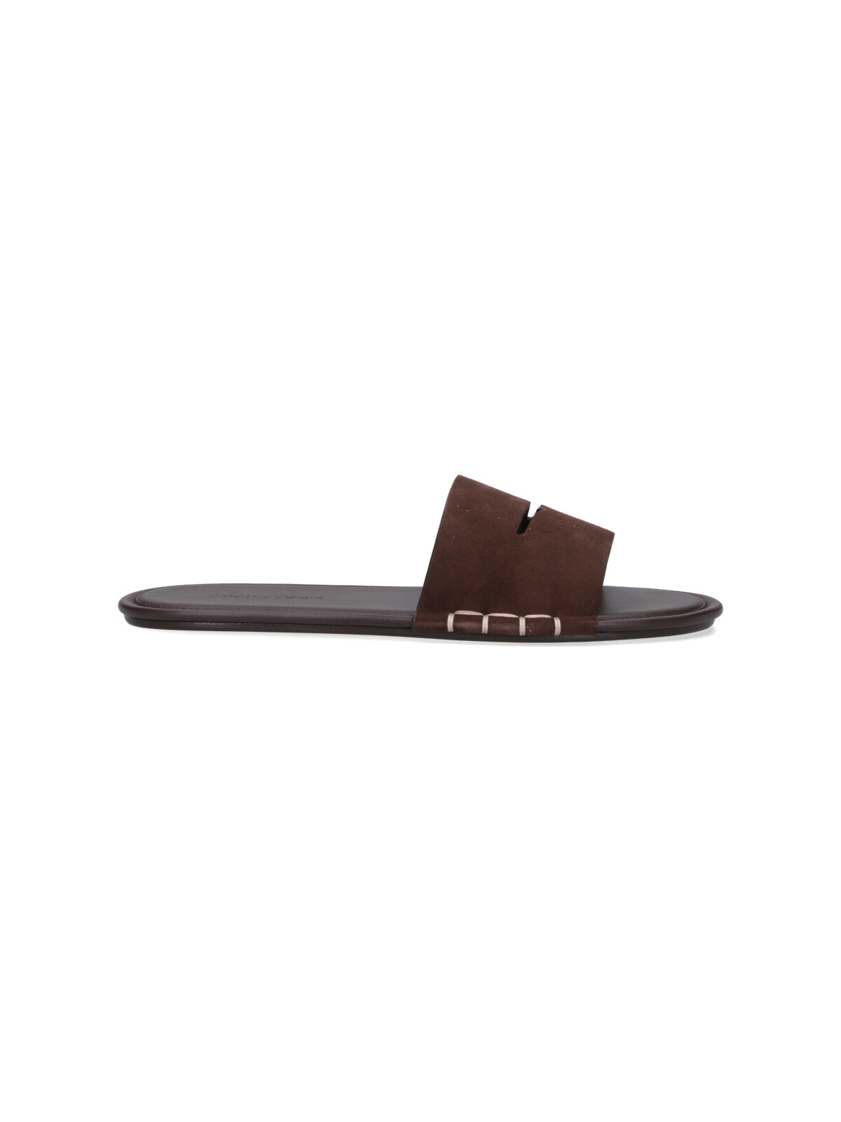 Dark Brown Calf Leather Open-Toe Slides with Contrasting Stitching