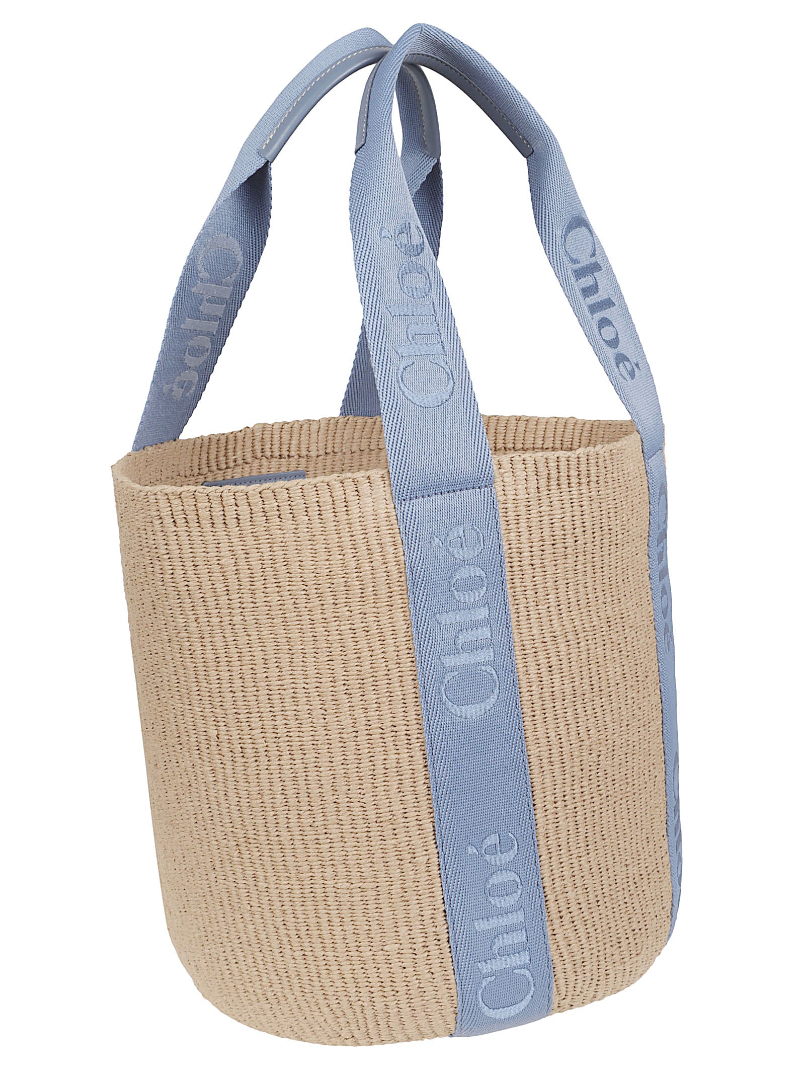 Woven Basket-Style Bag with Light Blue Handles and Embossed Branding