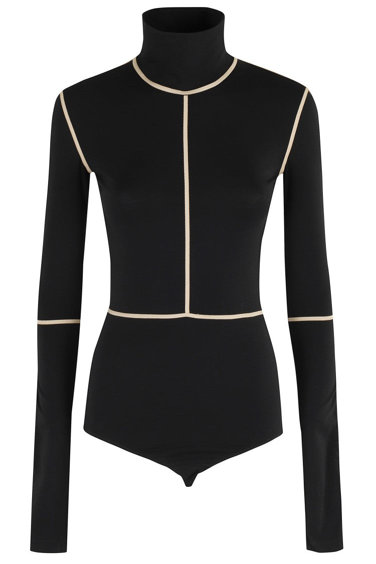 High Neck Bodysuit With Contrasting Beige Piping