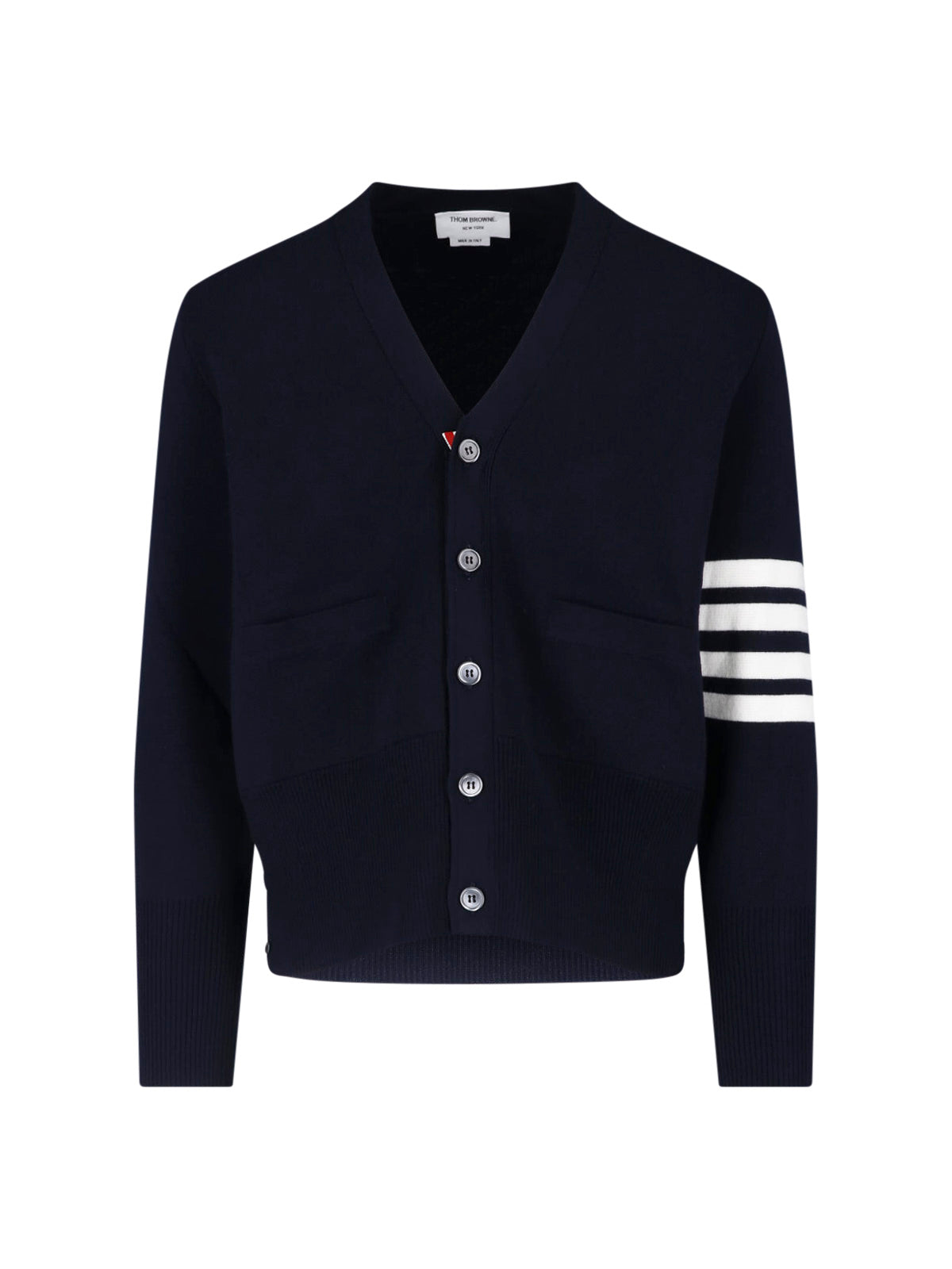 Cropped Cardigan Sweater with V-Neck and Striped Accents