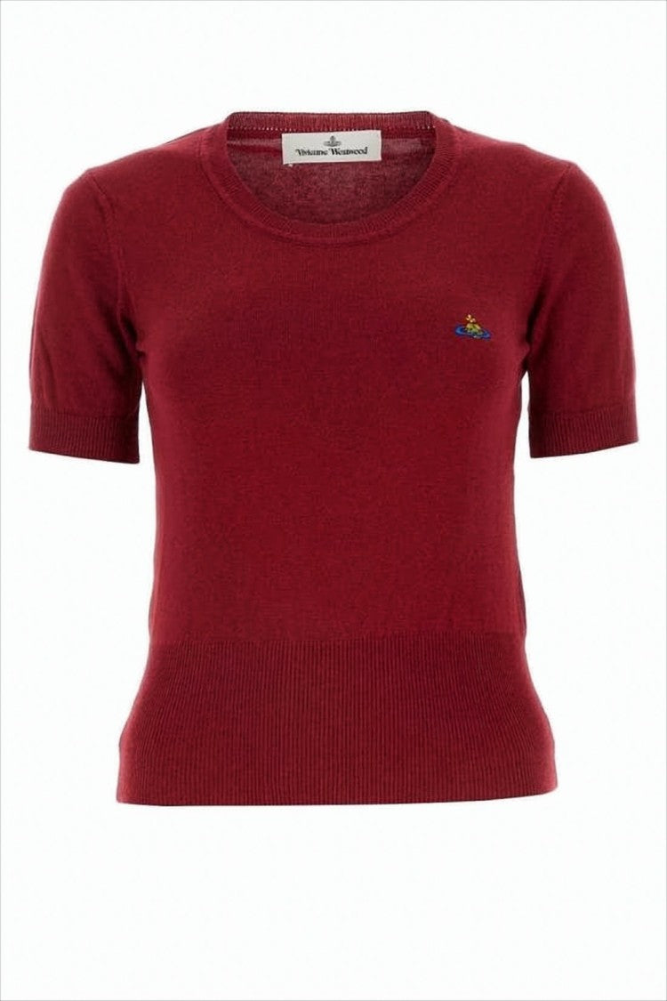 Fitted Short-Sleeve Red Sweater with Embroidered Logo