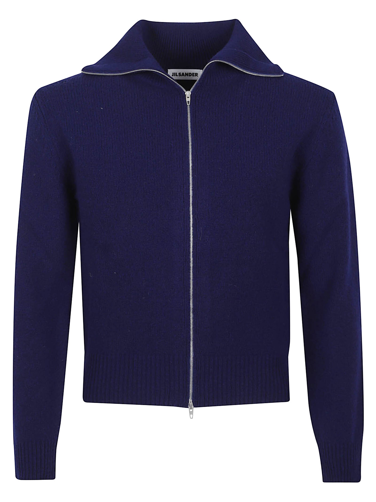 Deep Blue Knit Sweater with Full Front Zipper and Versatile Collar
