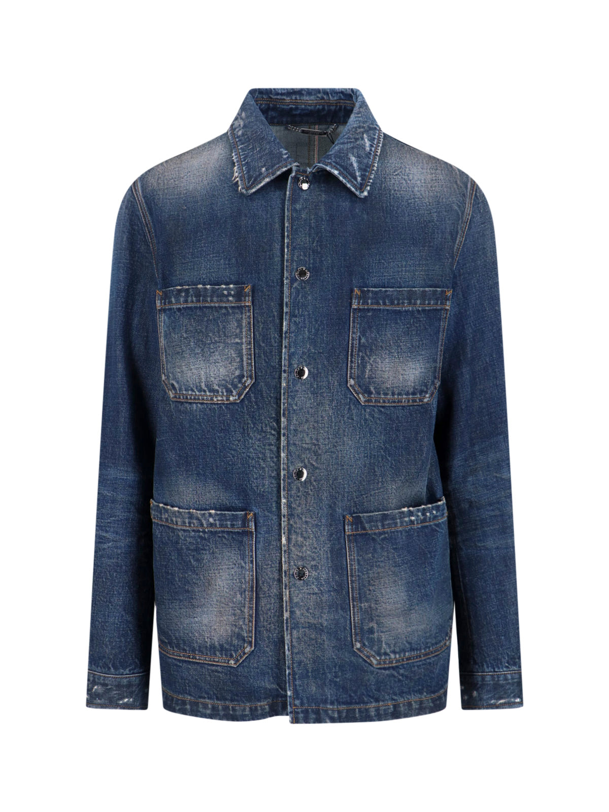 Distressed Blue Denim Jacket with Button Closure and Patch Pockets