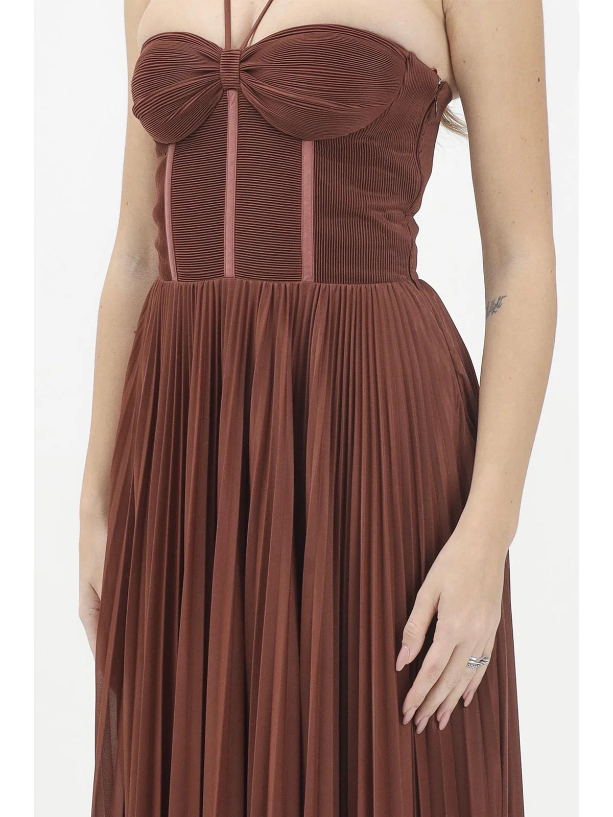 Brown Cicogna Polyester Pleated Maxi Dress
