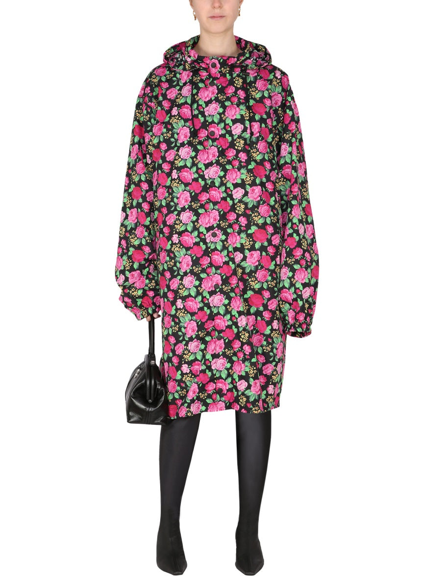 Floral-Pattern Hooded Coat with Drawstring Closure