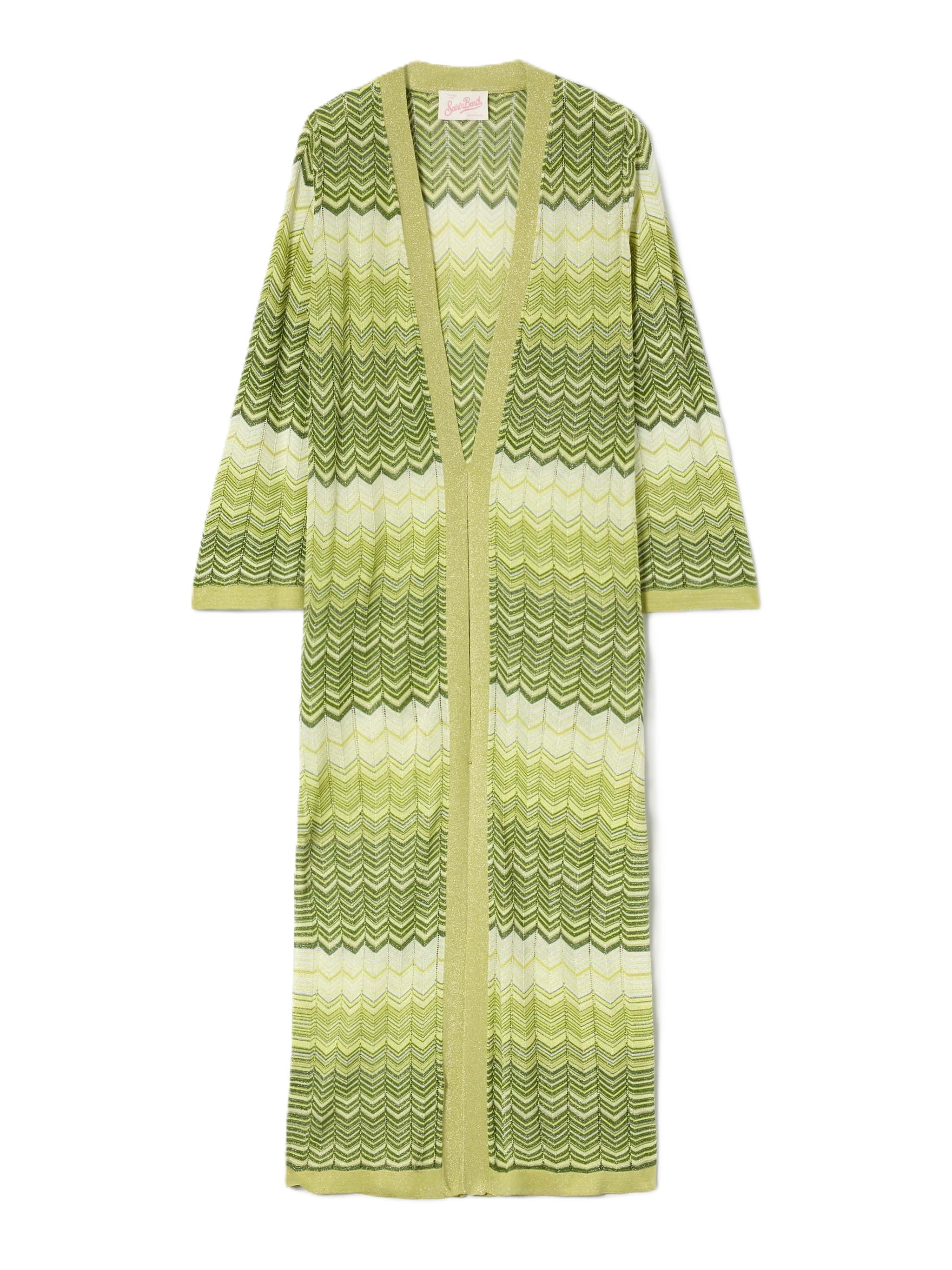 Chevron Knit Long Cardigan with Three-Quarter Sleeves