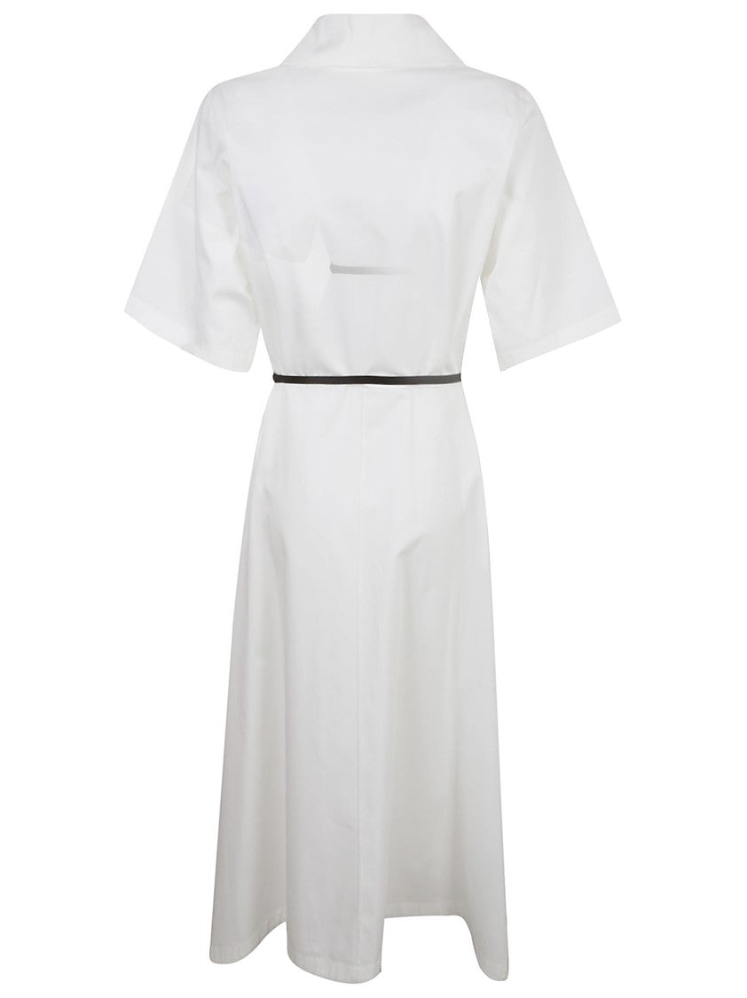 V-Neck White Dress With Belted Waist