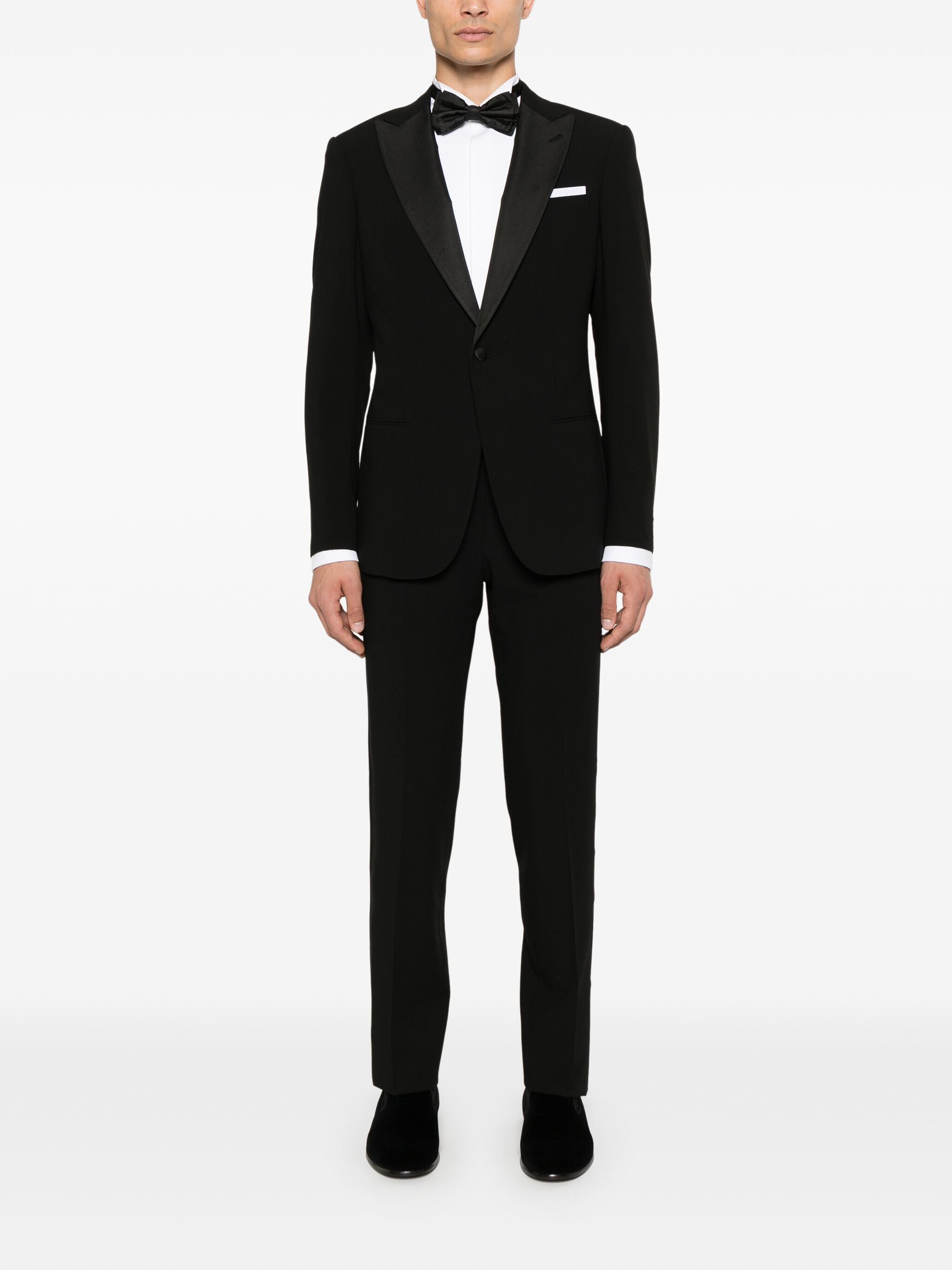Single-Button Black Satin Peak Lapel Tuxedo