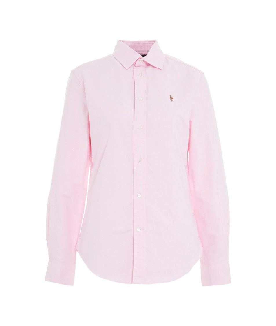 Light Pink Button-Up Shirt with Subtle Embroidered Logo
