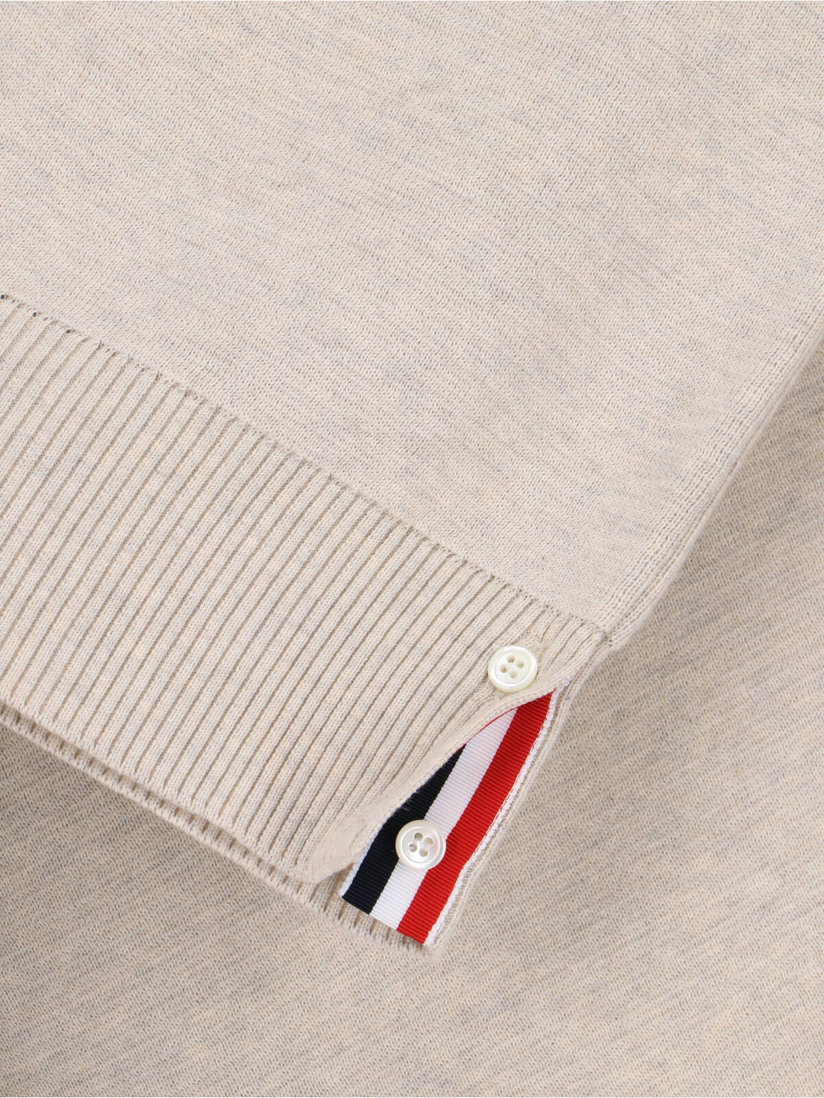 Beige Cotton Crew Neck Sweater with Four-Bar Detail