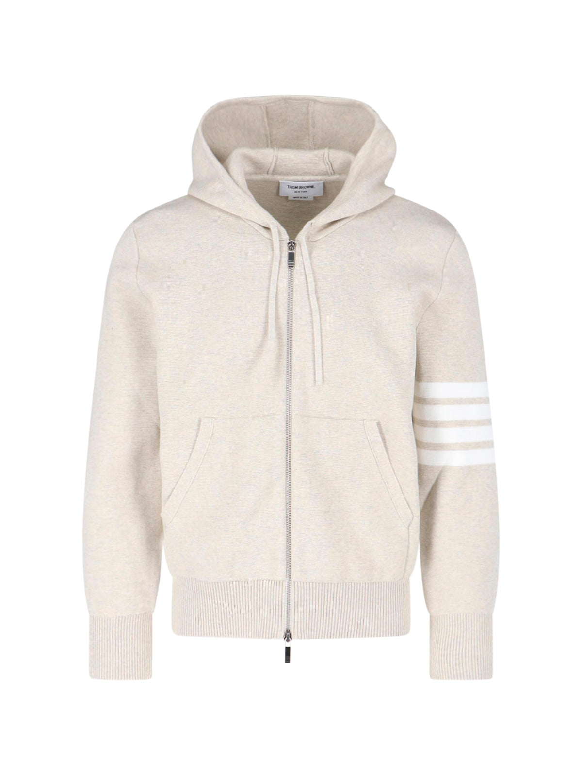 Beige 4-Bar Zip-Up Cotton Hoodie
