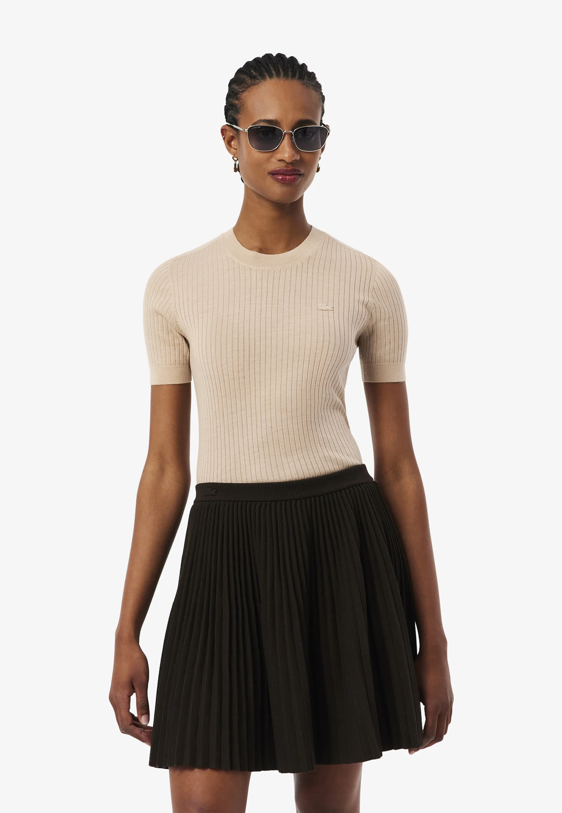 Beige Short Sleeve Ribbed Knit Top