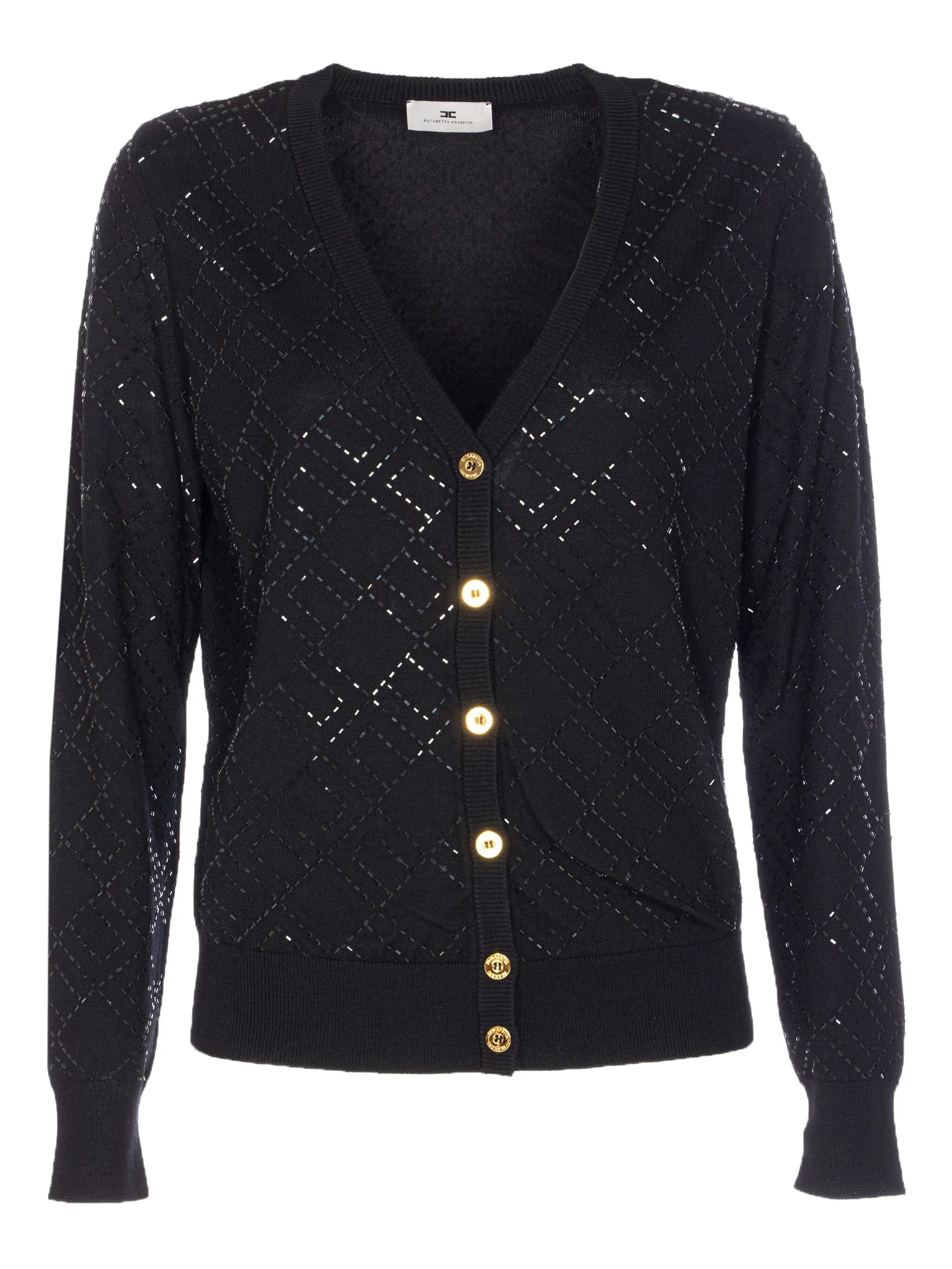Diamond-Pattern Black V-Neck Knit Cardigan