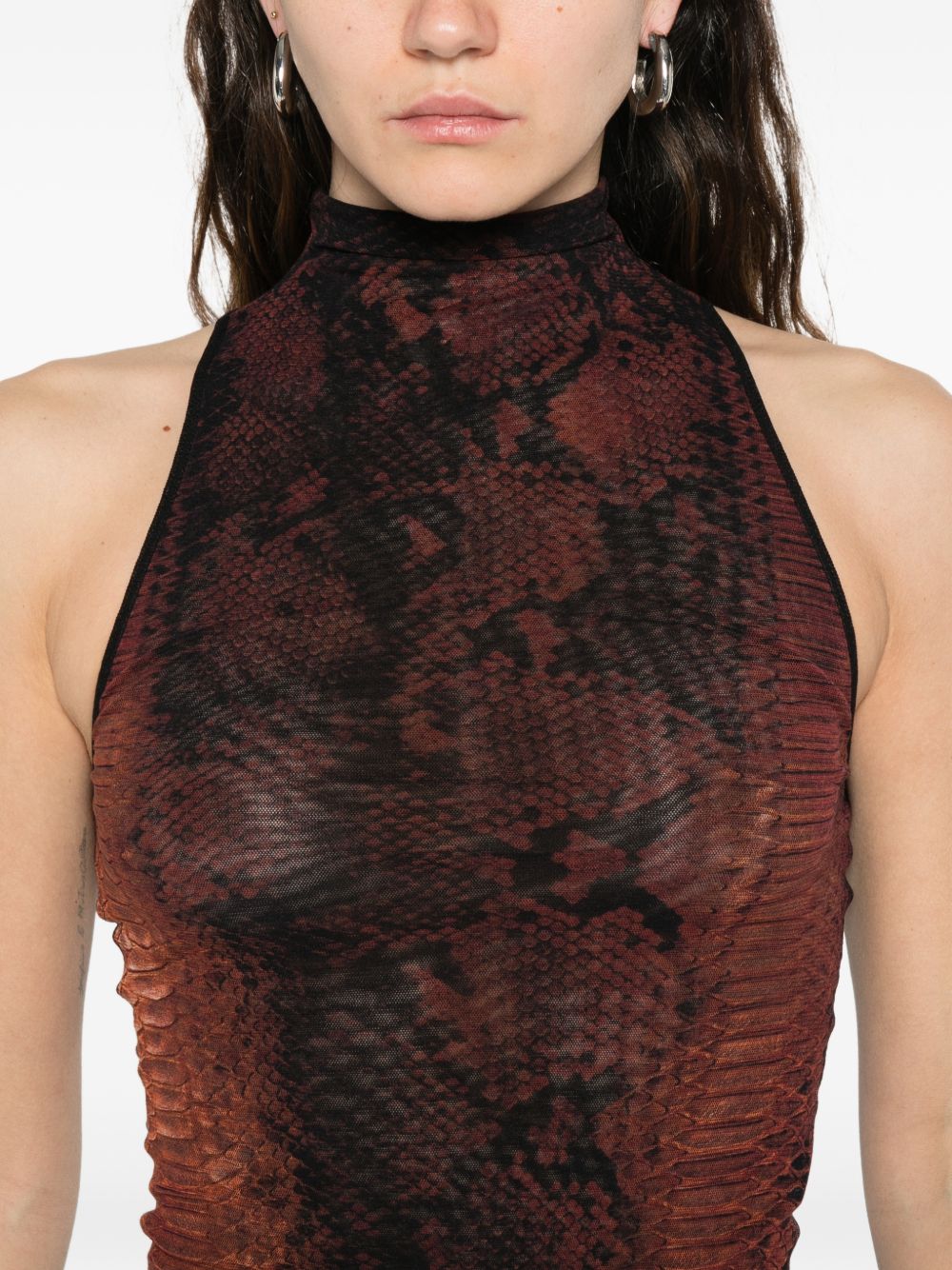 High-Neck Midi Dress With Snake Print In Silk And Nylon