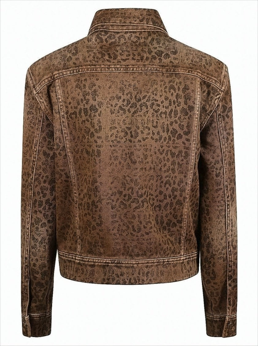 Cropped Denim Jacket with Subtle Leopard Print and Metallic Accents