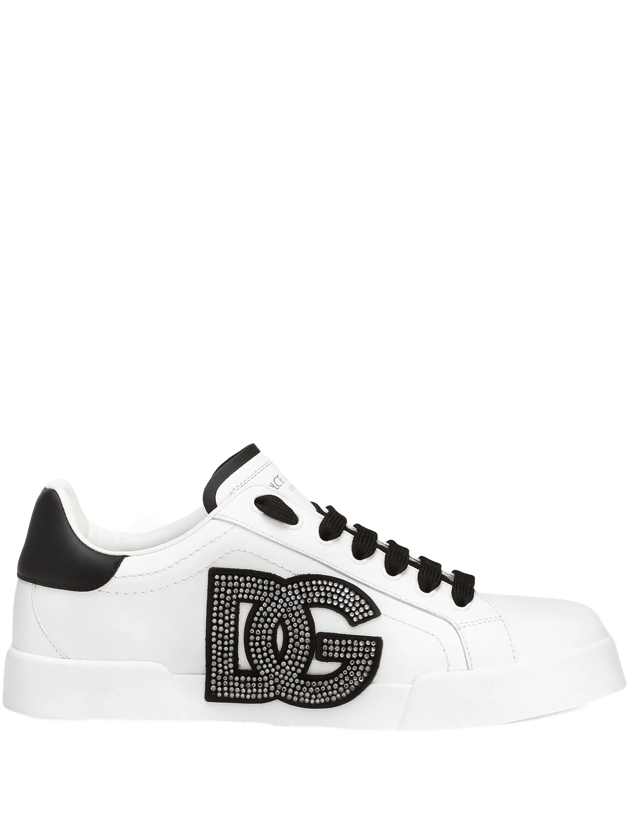 White Low-top Leather Rhinestone Logo Sneakers