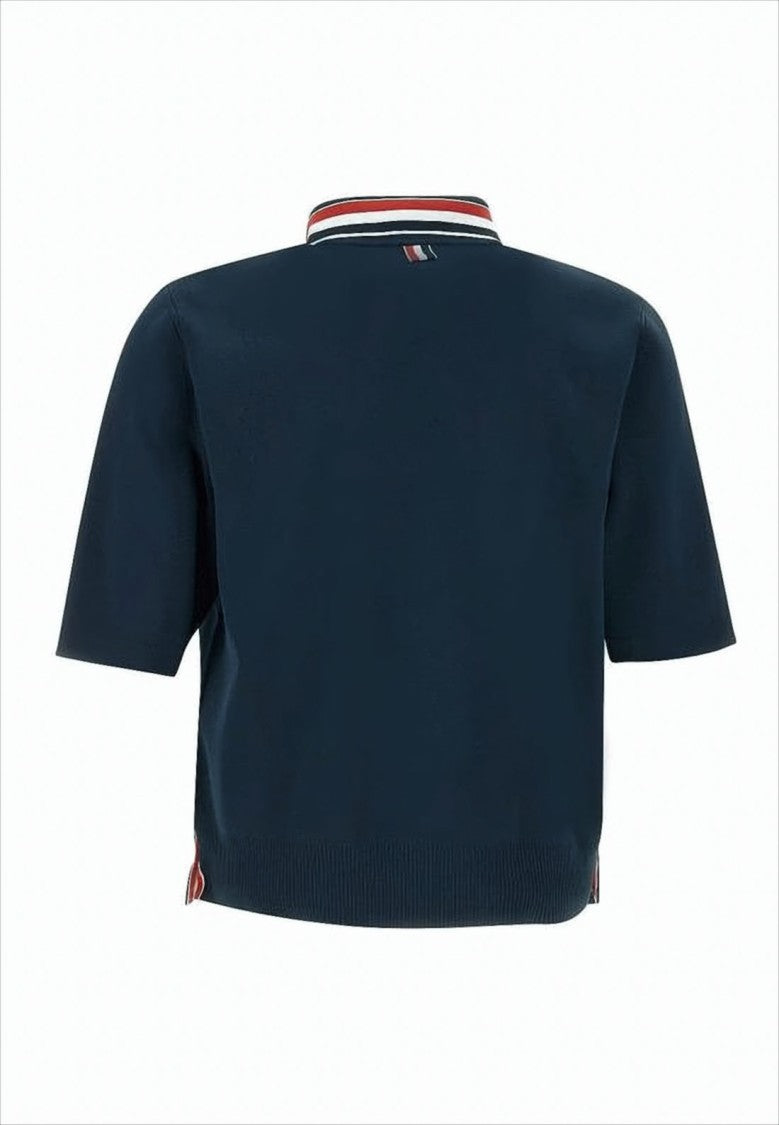 Navy Polo Shirt with Striped Collar and Side Button Details