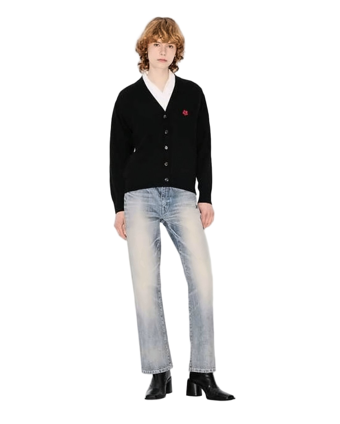 V-Neck Black Cardigan with Floral Emblem