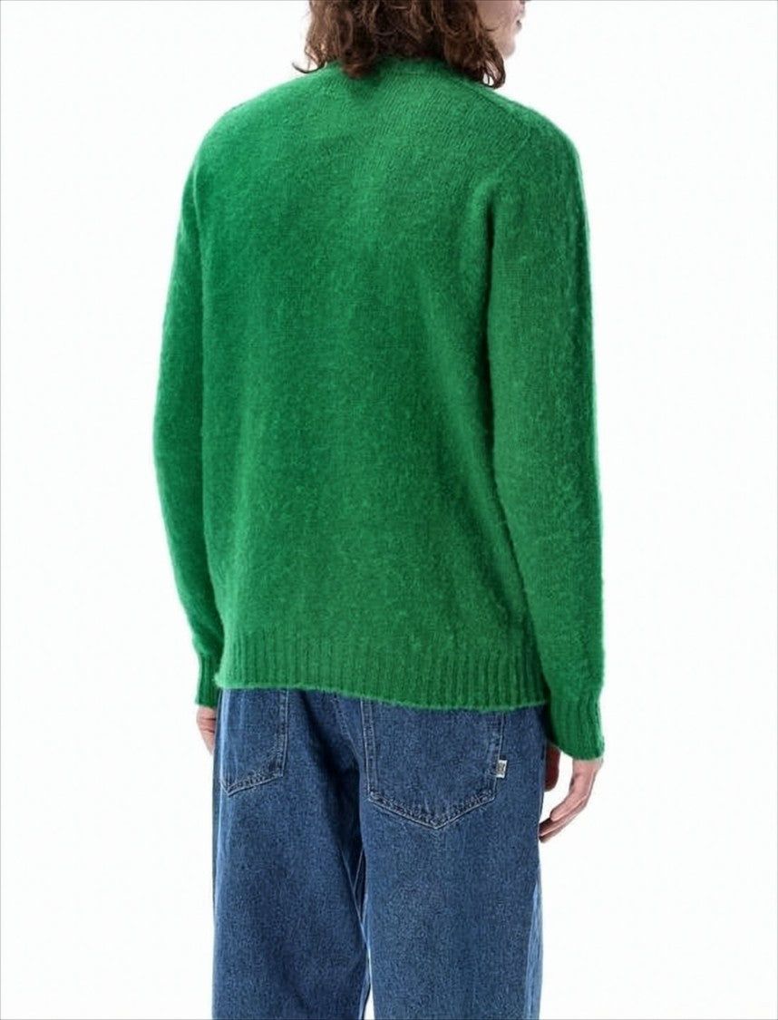 Solid Green Wool Sweater With Classic Crew Neckline