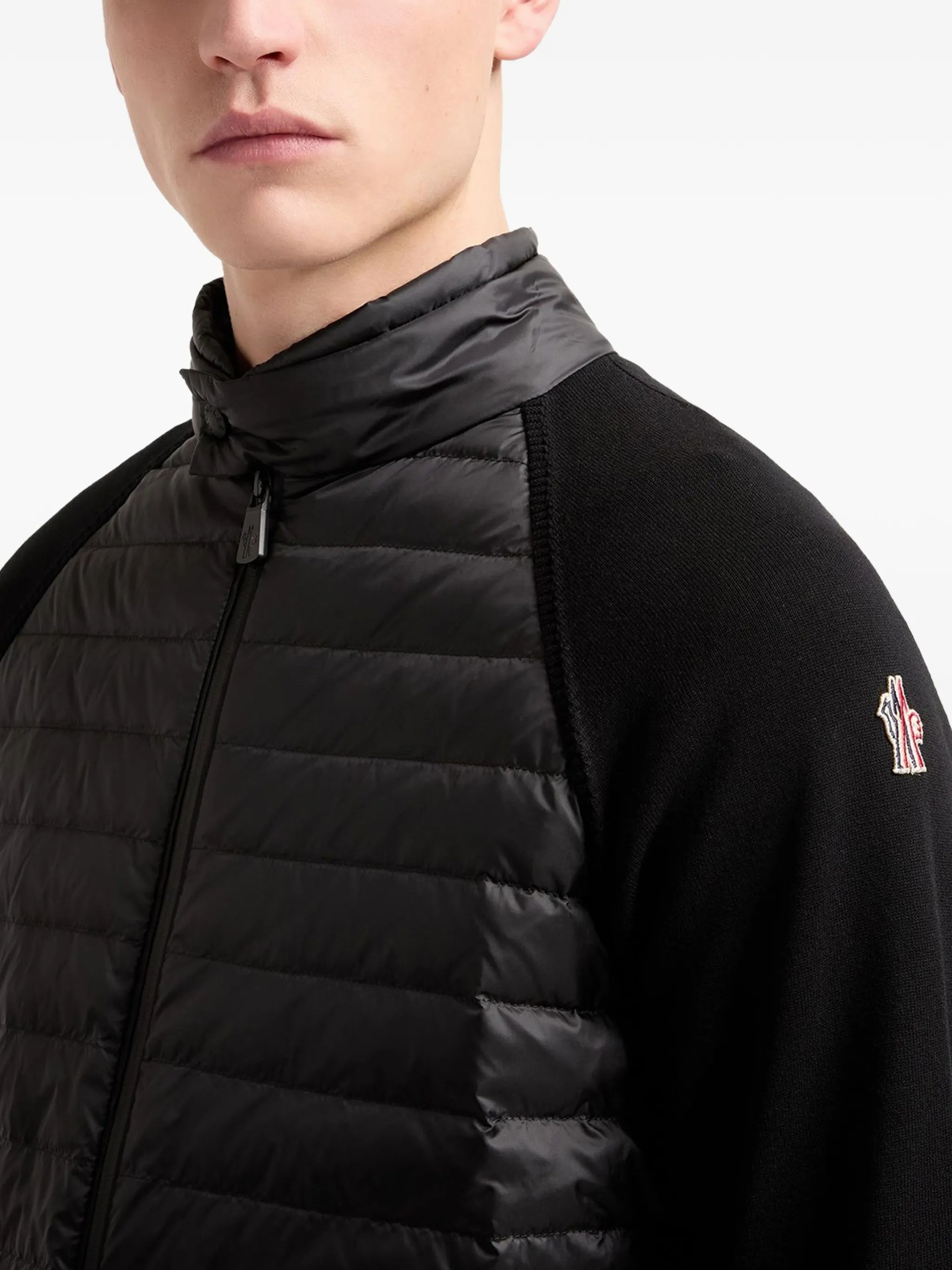 Hybrid Padded Cardigan With Knitted Sleeves And High Collar