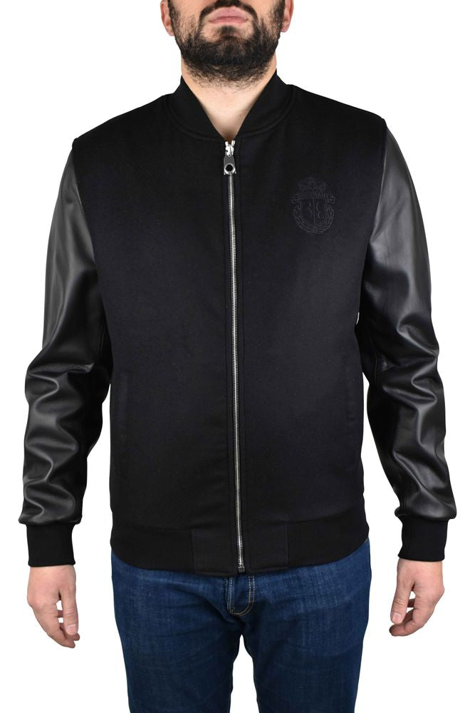 Two-Material Bomber Jacket with Leather Sleeves