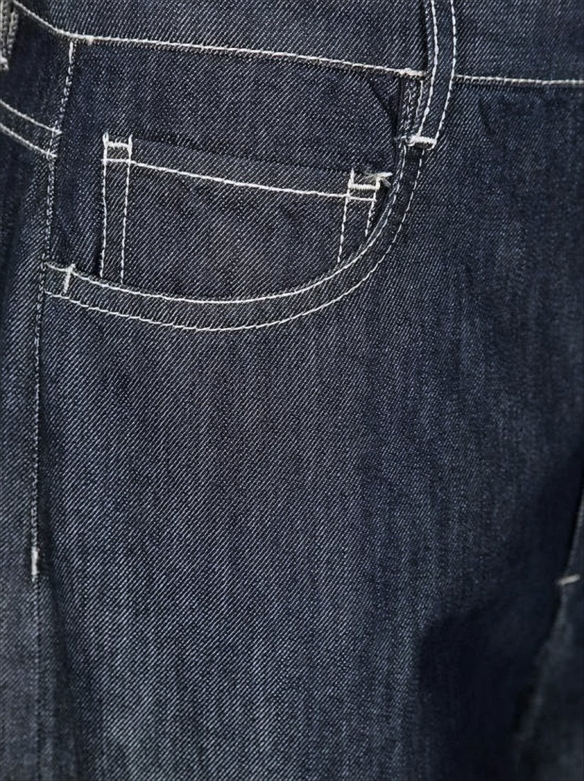 Wide-Leg Cropped Denim Pants with High Waist and Contrast Stitching