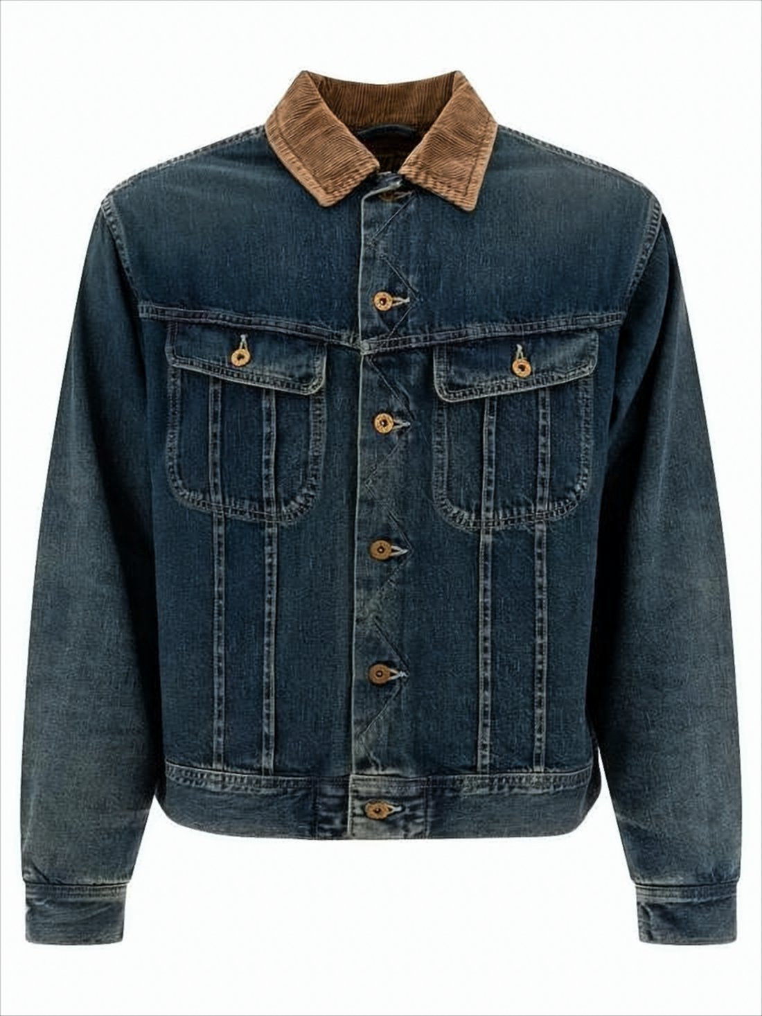 Medium-Dark Wash Denim Jacket with Corduroy Collar