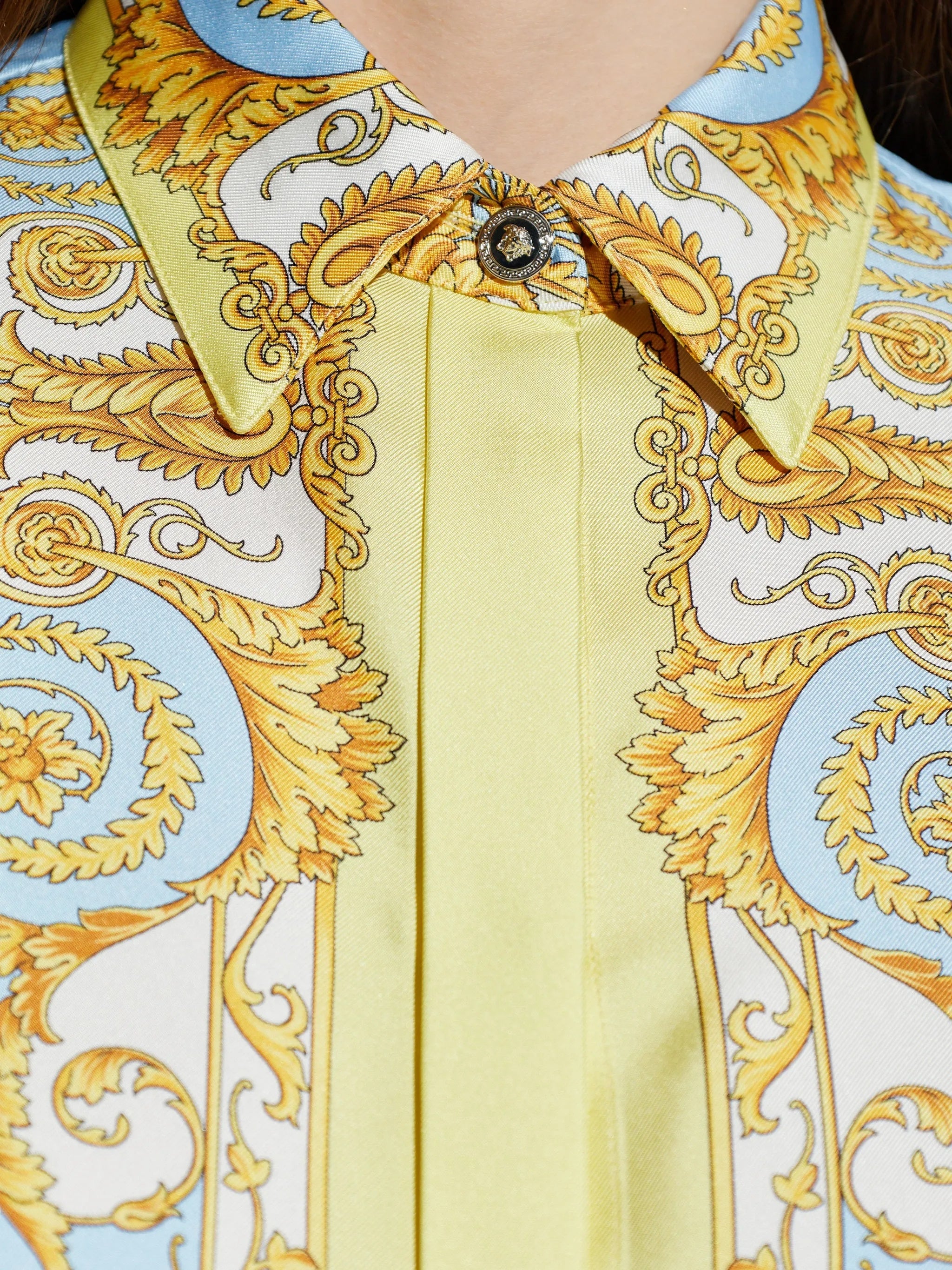 Pastel Blue Baroque-Inspired Silk Scroll Shirt