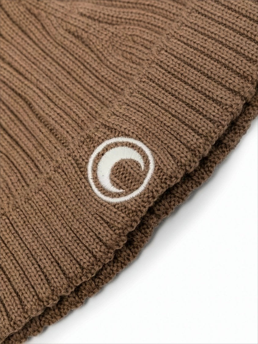 Ribbed Wool Beanie With Crescent Moon Emblem