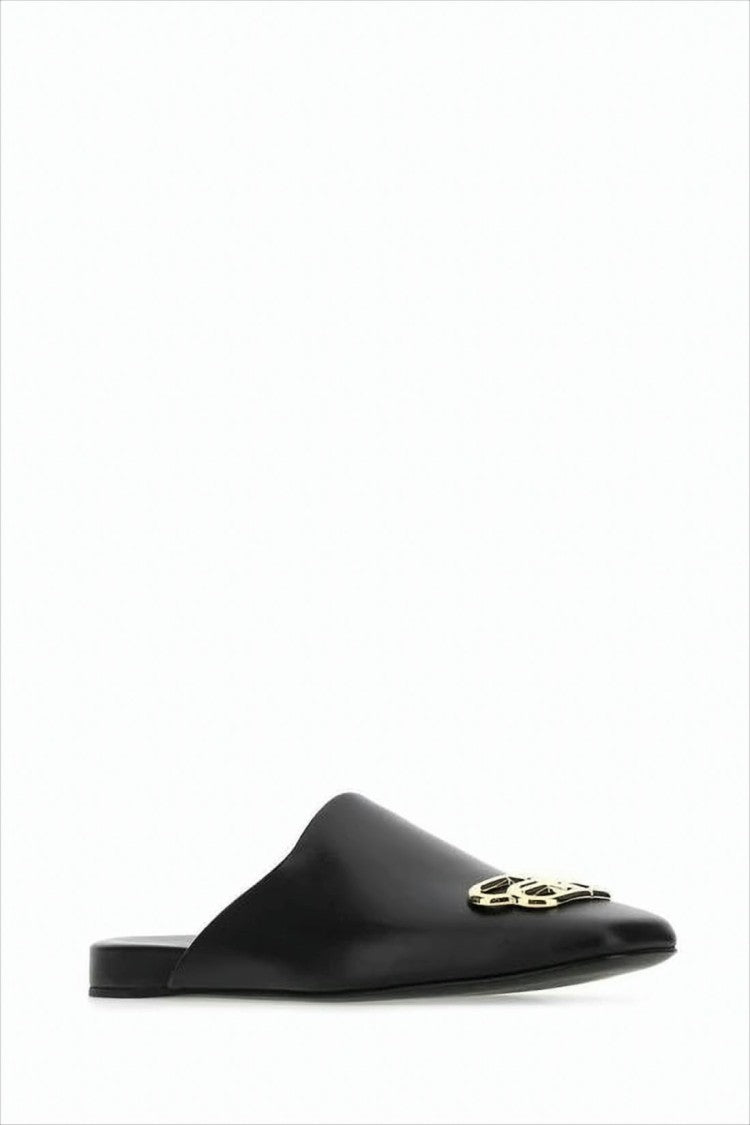 Pointed Toe Mule Flats with Subtle Gold Emblem