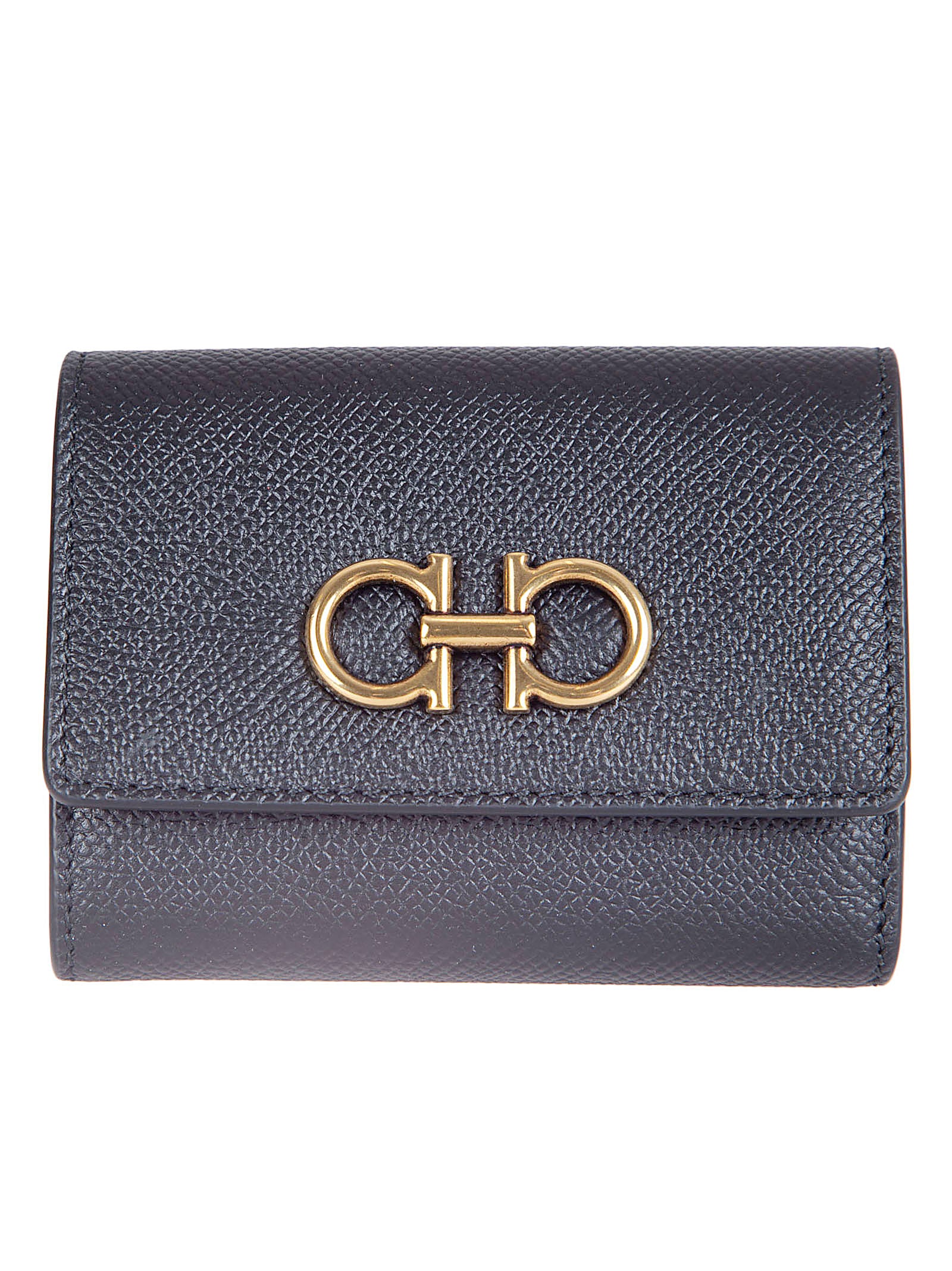 Trifold Wallet in Textured Calf Leather with Antique Gold Gancini Ornament