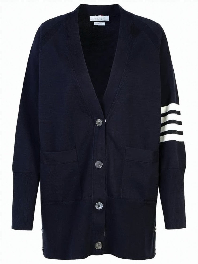 Classic V-Neck Cardigan with Distinctive Stripe Detail