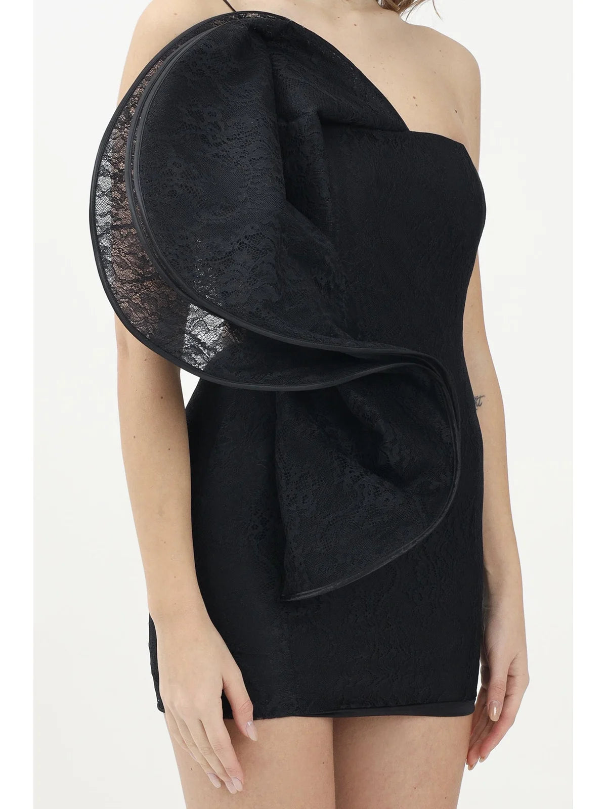 Black Polyamide One-Shoulder Lace Mini Dress