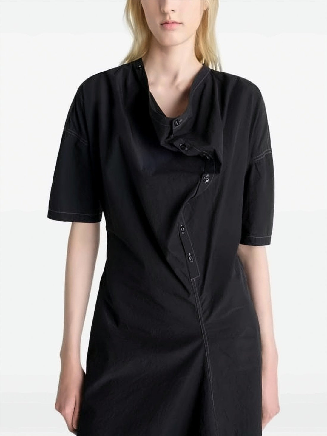 Asymmetrical Button Closure Midi Dress with Structured Silhouette