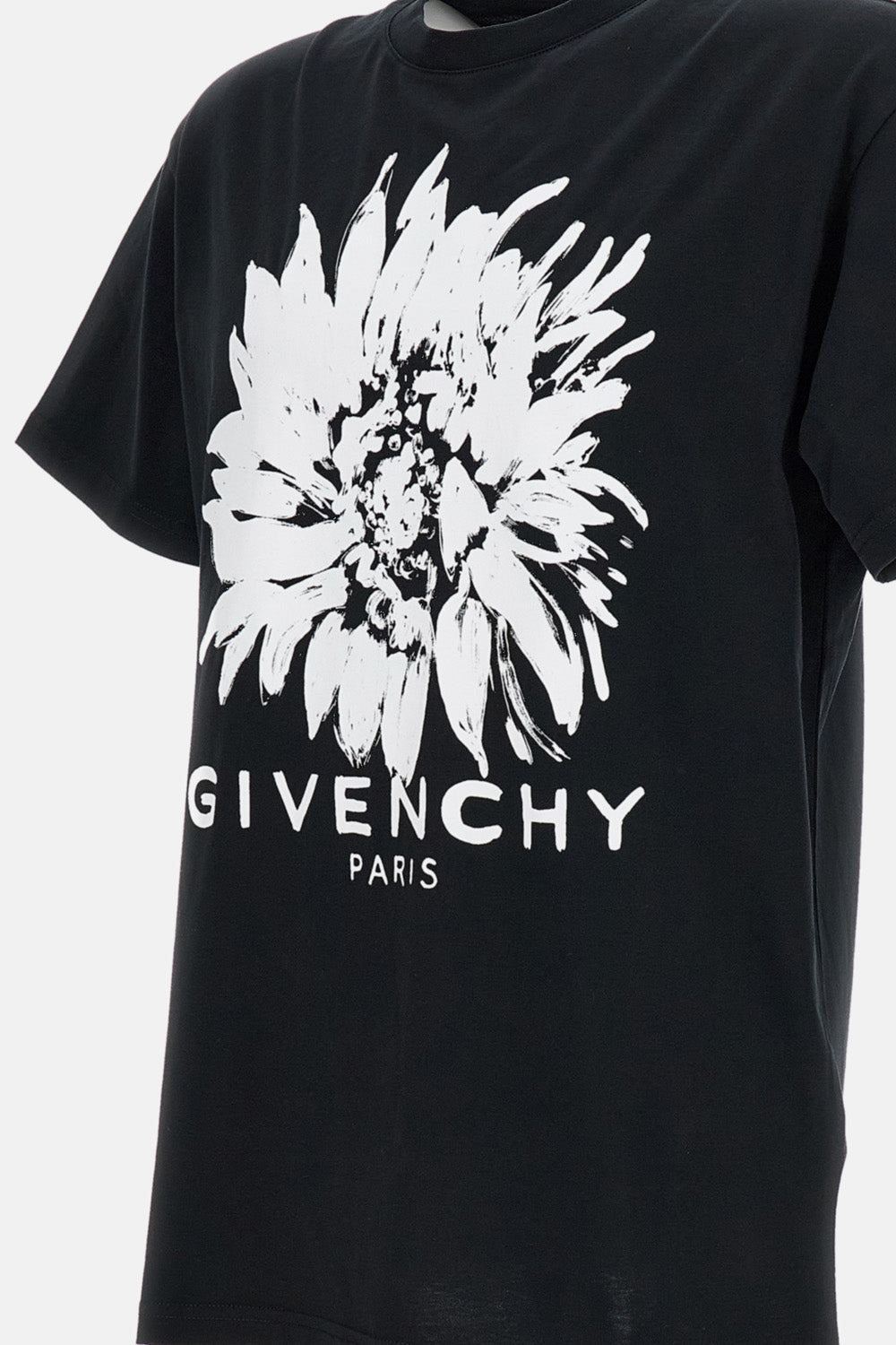Contrast Floral Print Cotton T-Shirt with Ribbed Collar