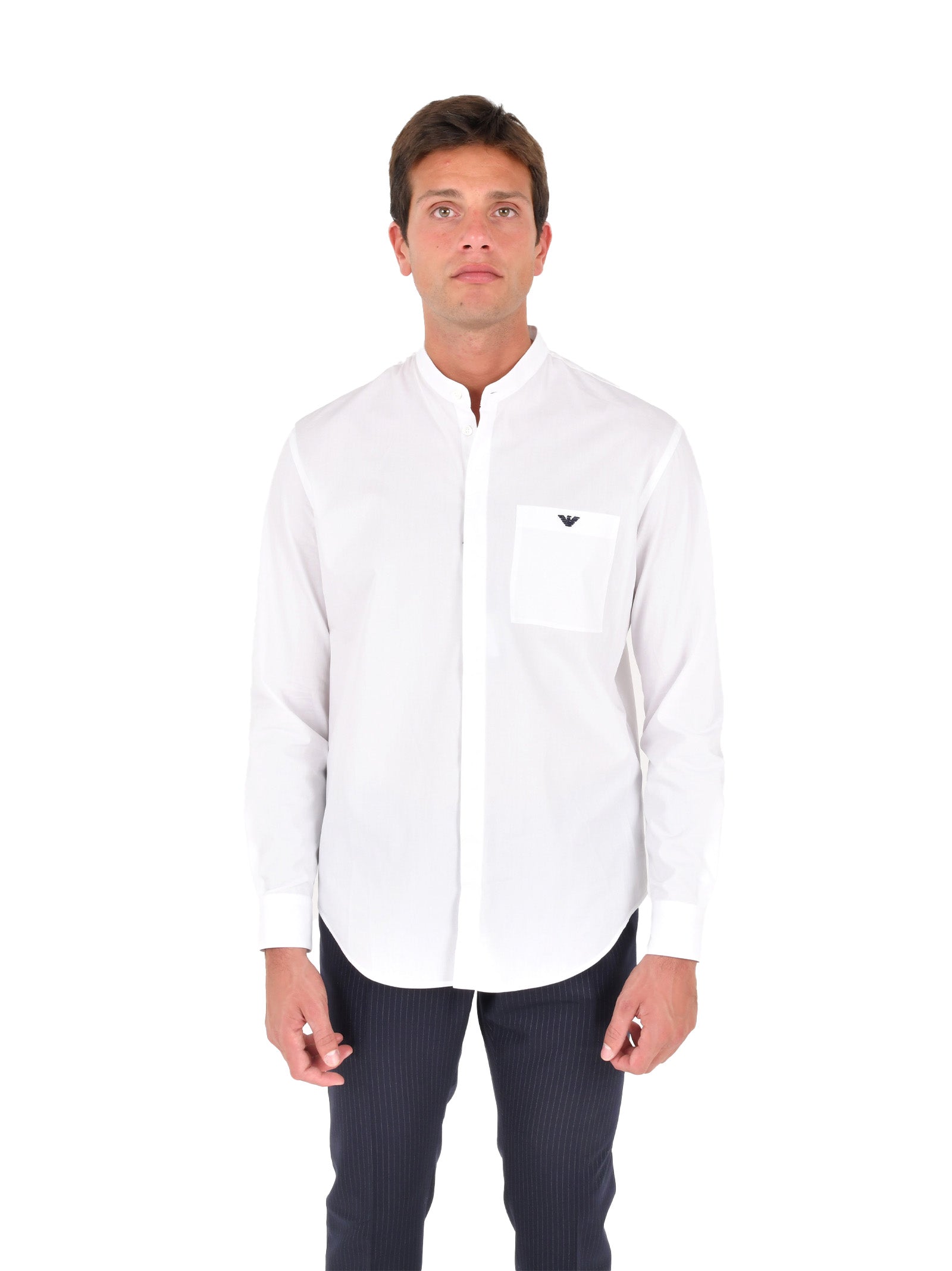 Mandarin Collar White Shirt With Contrasting Logo