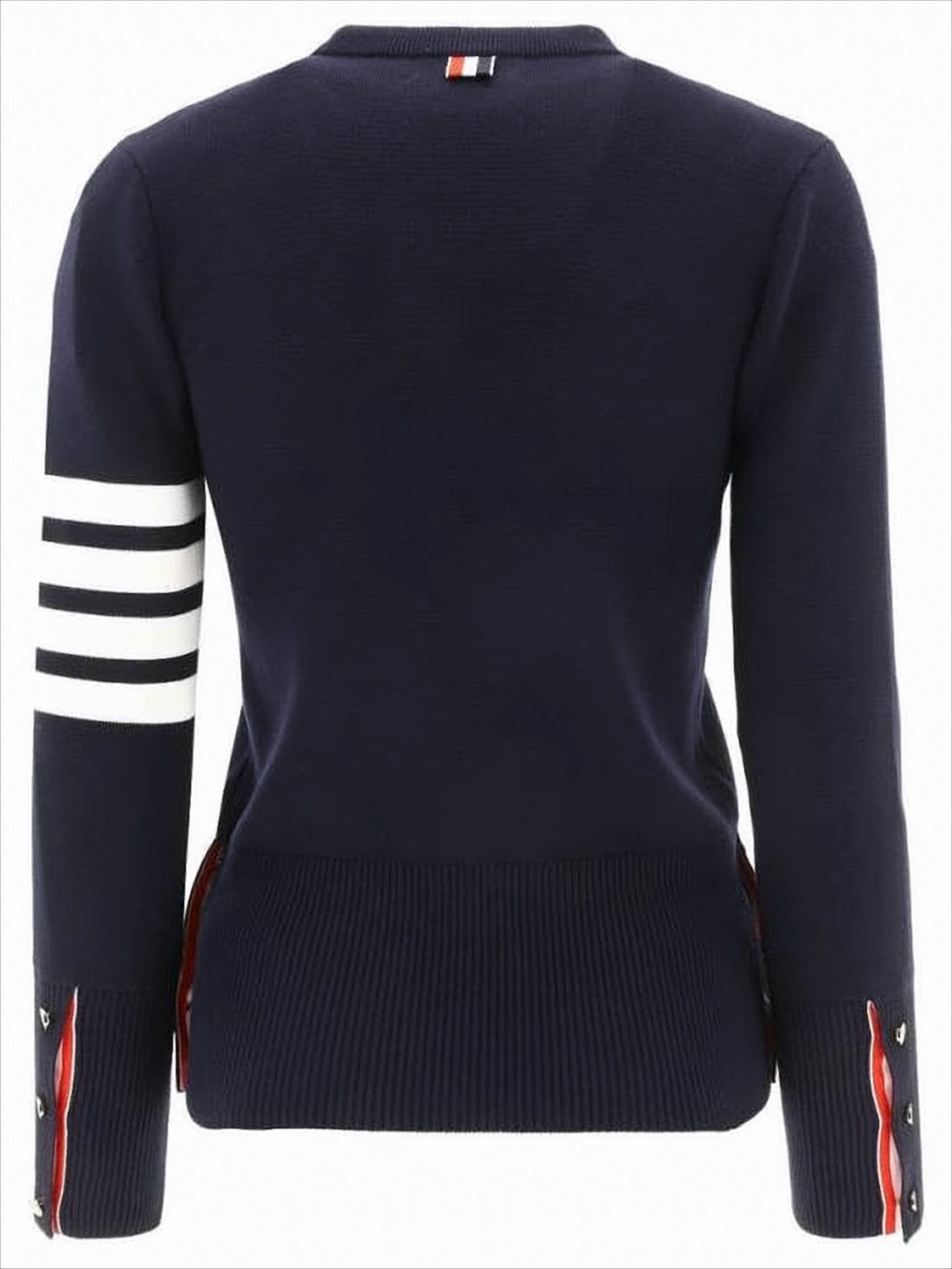 Black Cotton Sweater with Striped Detailing and Button Accents