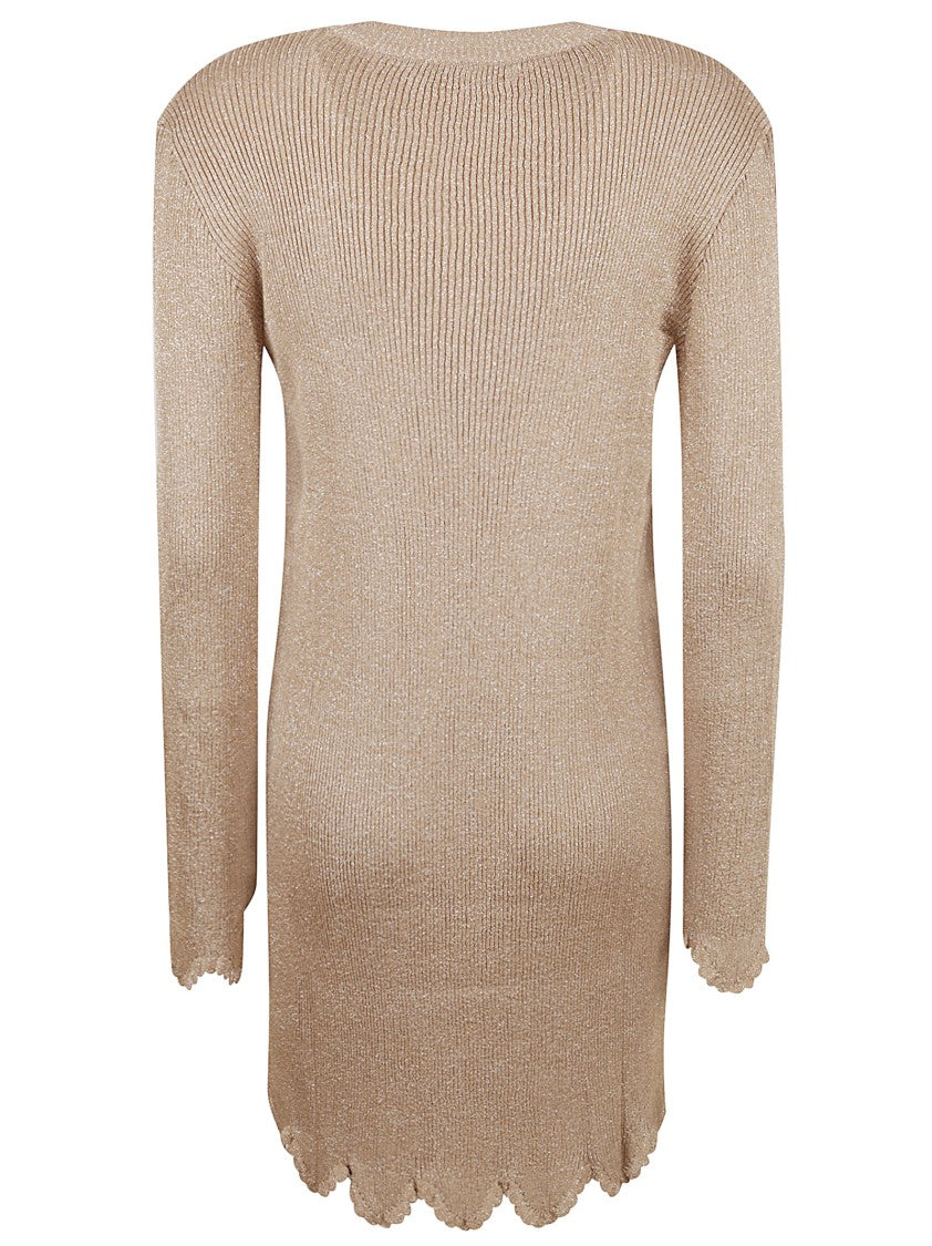 Ribbed Long Sleeve Dress With Scalloped Hemline