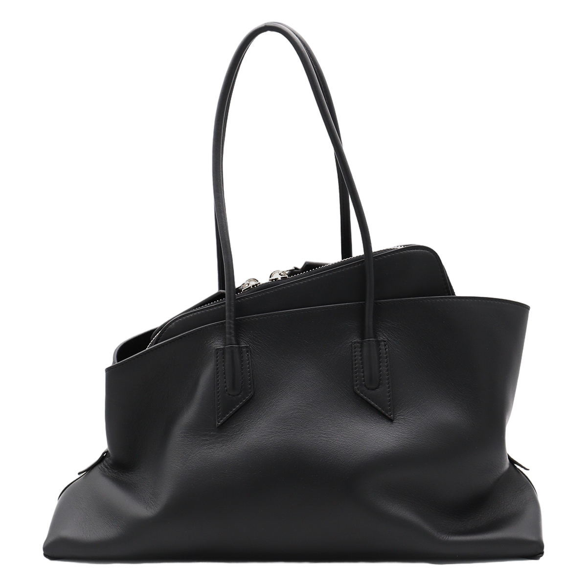 Smooth Black Handbag with Zippered Top Closure